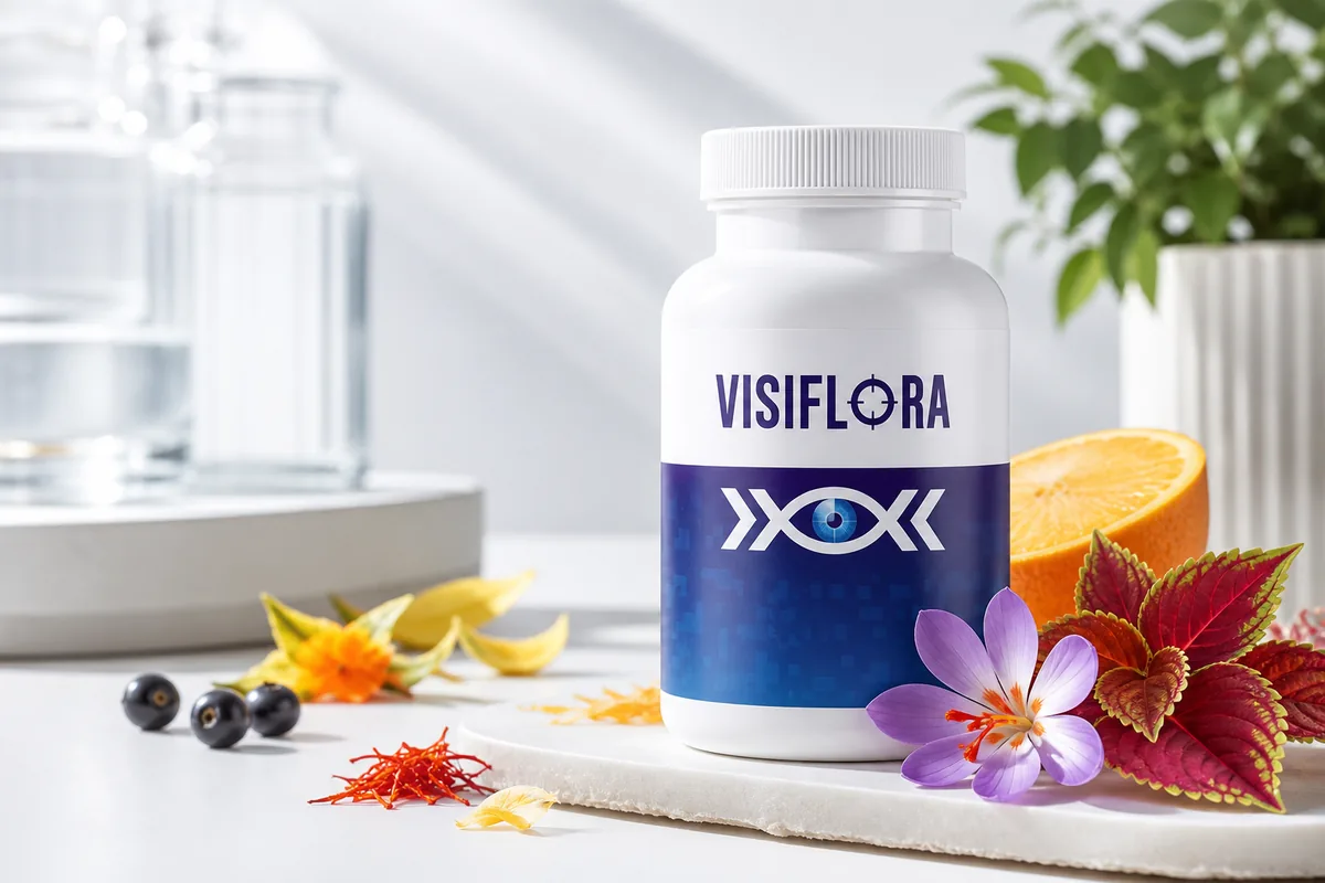 VisiFlora vision support supplement bottle with botanical nutrition accents