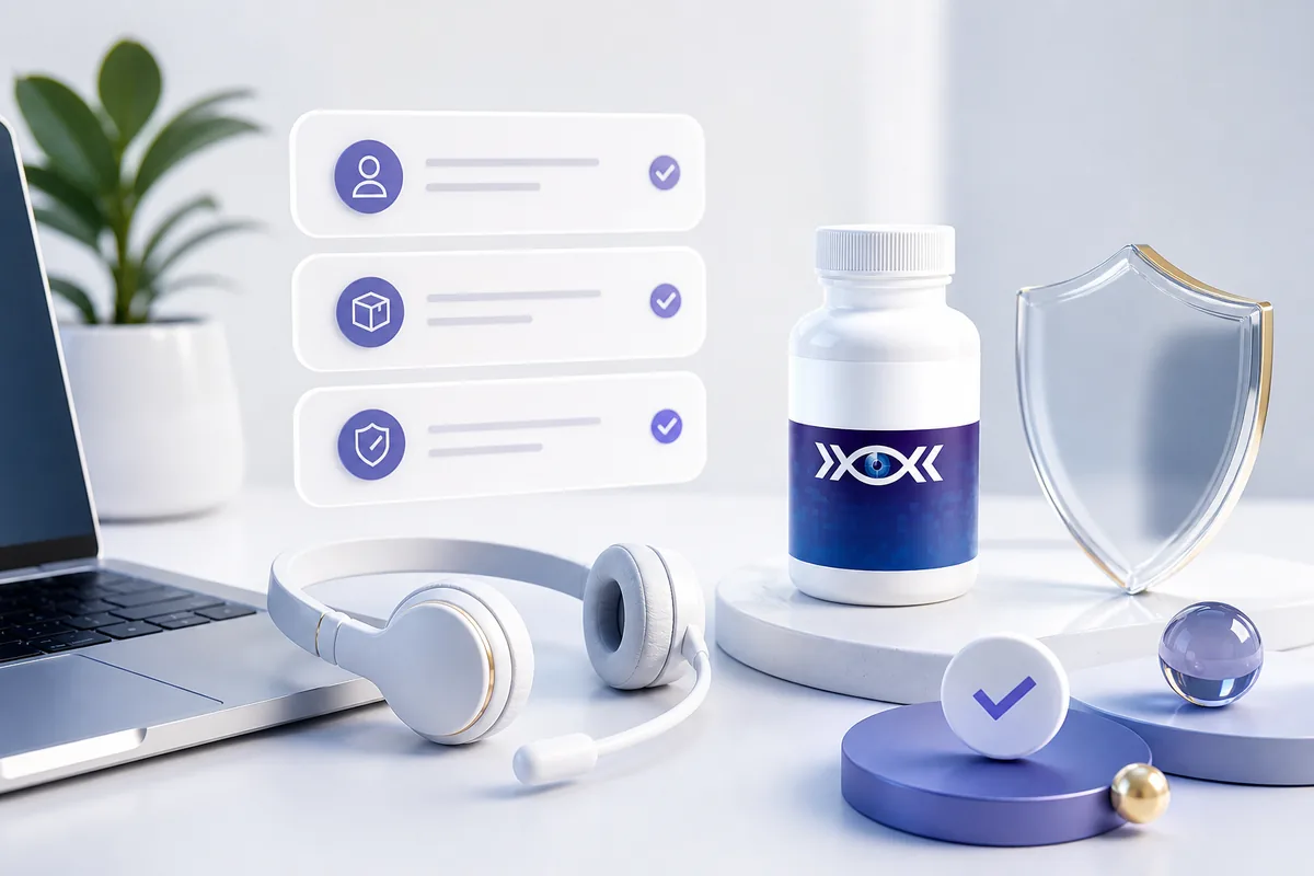 VisiFlora support and safe ordering visual with supplement bottle, checklist and support icons